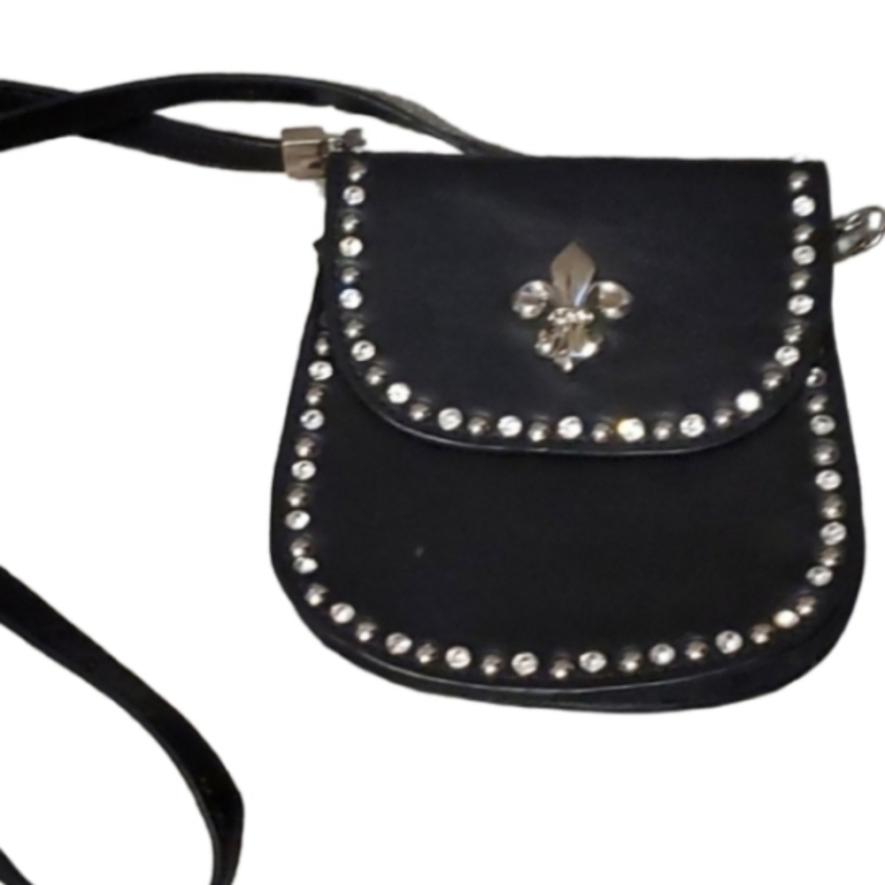 Black Genuine Leather Crossbody Bag Rhinestone Accents & Fleur-De-Lis Detail